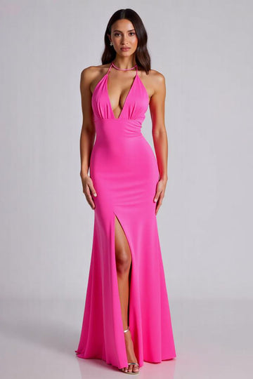 Fuchsia Mermaid Halter Formell Klänning Med Slits